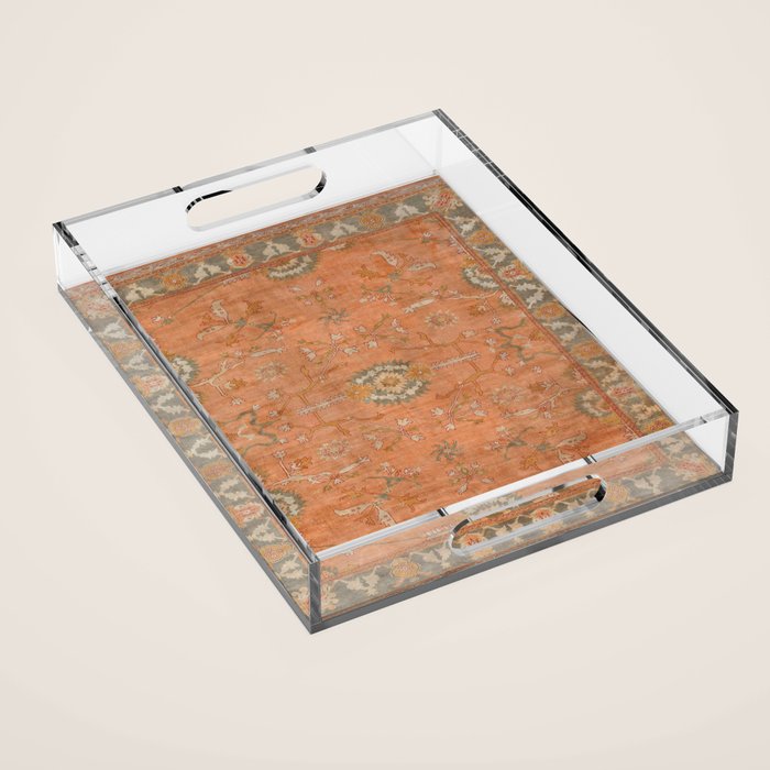Antique Peach Apricot & Sage Green Turkish Ushak Rug Print Acrylic Tray Gallery Image 1