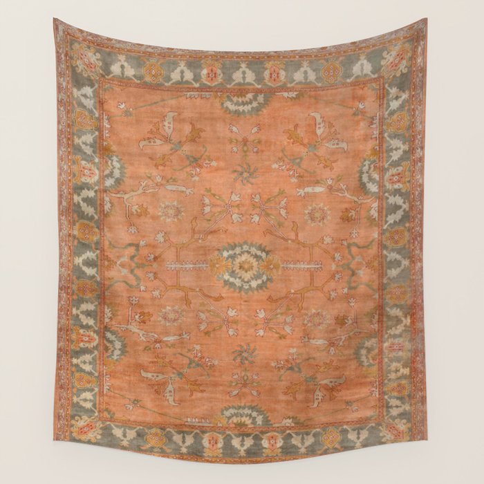 Antique Peach Apricot & Sage Green Turkish Ushak Rug Print Wall Tapestry Gallery Image 1
