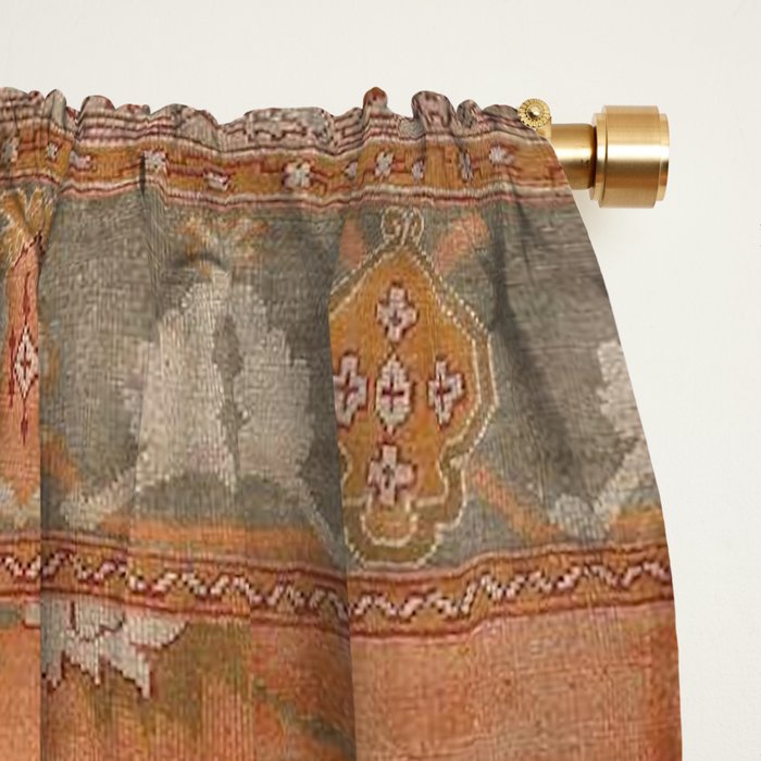 Antique Peach Apricot & Sage Green Turkish Ushak Rug Print Window Curtain Gallery Image 2