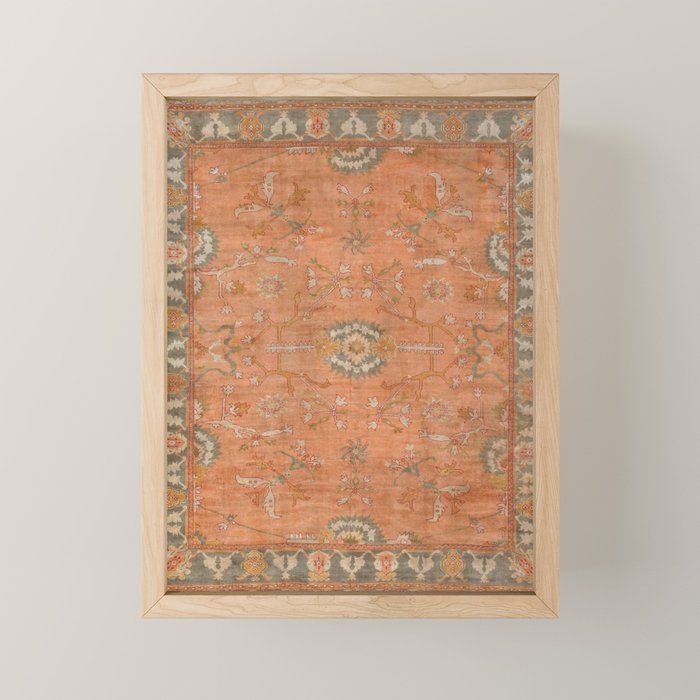 Antique Peach Apricot & Sage Green Turkish Ushak Rug Print Mini Art Print Gallery Image 1