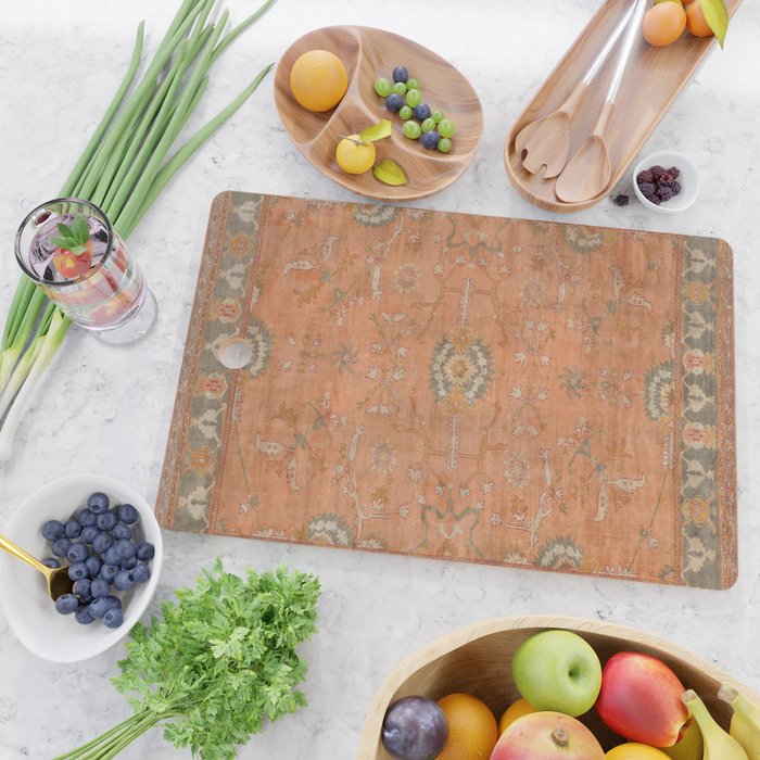 Antique Peach Apricot & Sage Green Turkish Ushak Rug Print Cutting Board Gallery Image 2