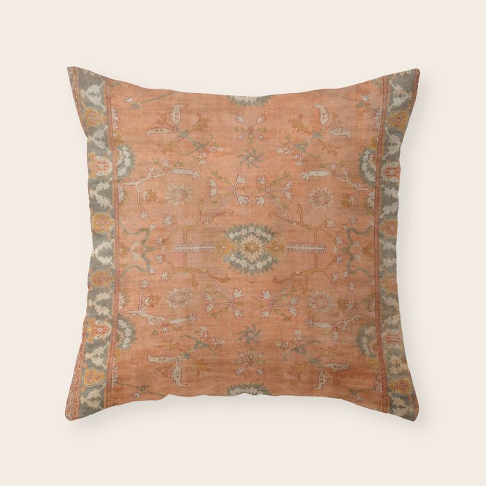 Antique Peach Apricot & Sage Green Turkish Ushak Rug Print Throw Pillow Gallery Image 1
