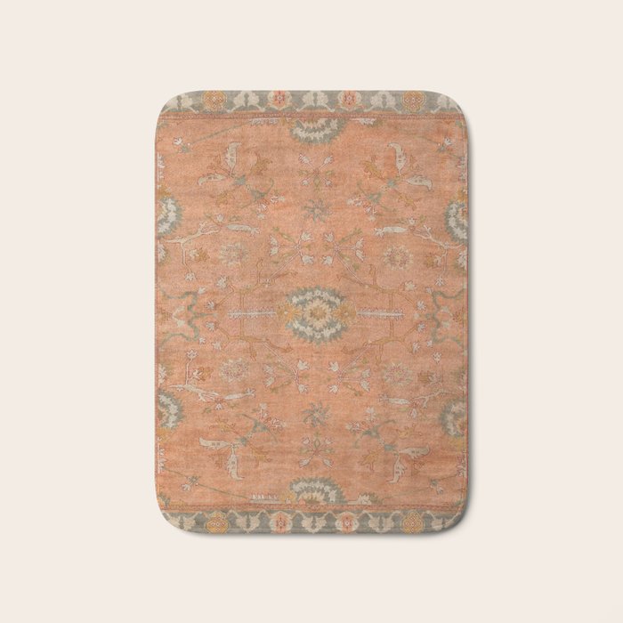 Antique Peach Apricot & Sage Green Turkish Ushak Rug Print Bath Mat Gallery Image 1