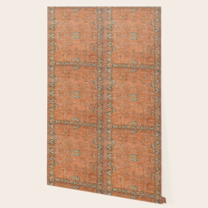 Antique Peach Apricot & Sage Green Turkish Ushak Rug Print Wallpaper Gallery Image 2