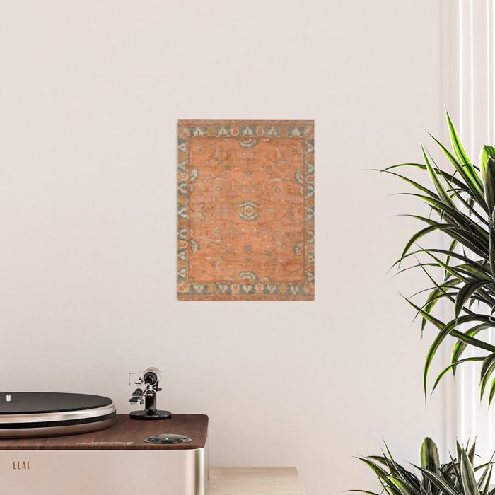 Antique Peach Apricot & Sage Green Turkish Ushak Rug Print Poster Gallery Image 2