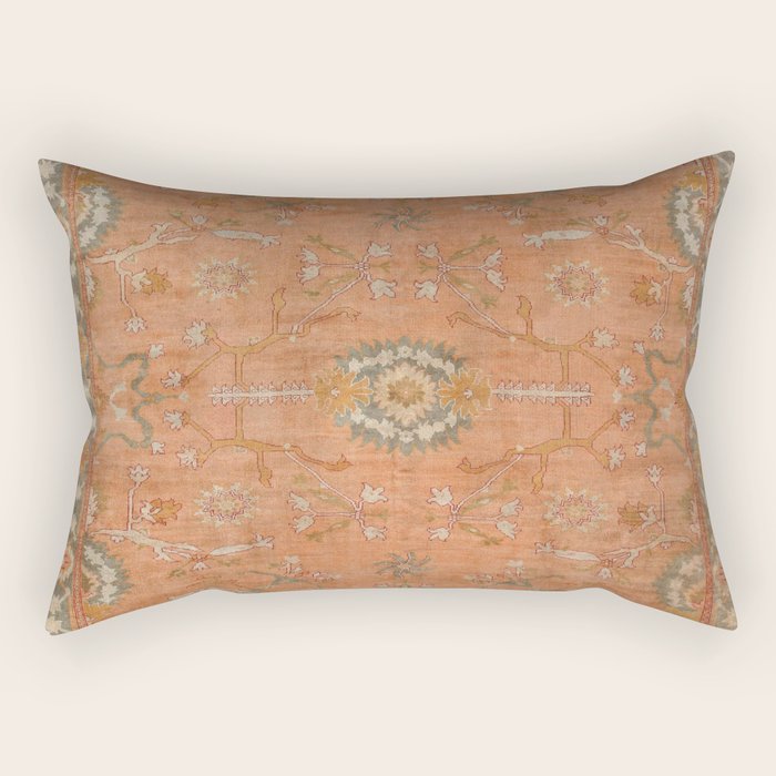 Antique Peach Apricot & Sage Green Turkish Ushak Rug Print Rectangular Pillow Gallery Image 1