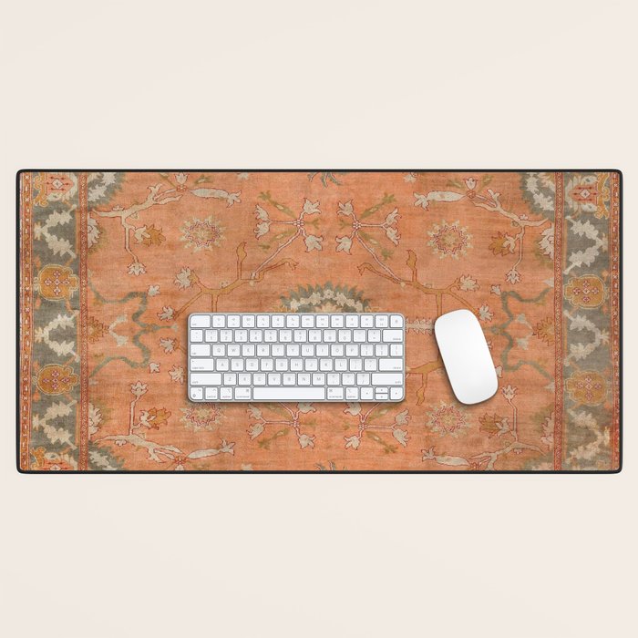 Antique Peach Apricot & Sage Green Turkish Ushak Rug Print Desk Mat Gallery Image 1