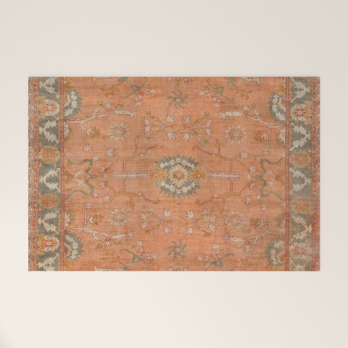 Antique Peach Apricot & Sage Green Turkish Ushak Rug Print Welcome Mat Gallery Image 1