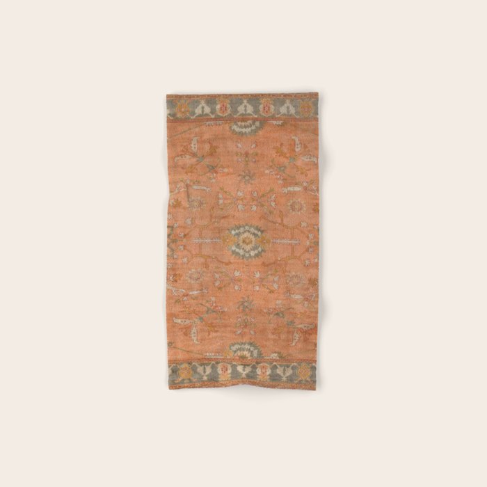 Antique Peach Apricot & Sage Green Turkish Ushak Rug Print Bath Towel Gallery Image 1