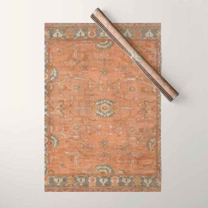 Antique Peach Apricot & Sage Green Turkish Ushak Rug Print Wrapping Paper Gallery Image 1
