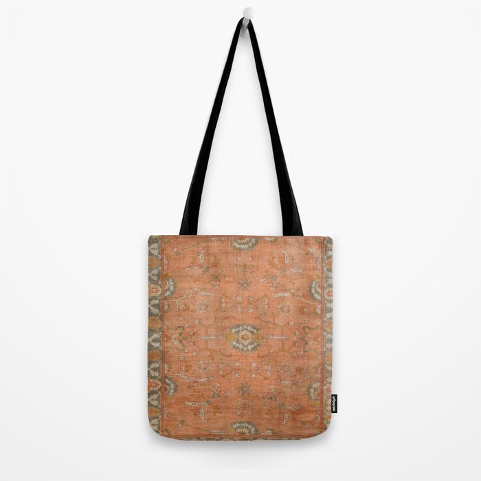 Antique Peach Apricot & Sage Green Turkish Ushak Rug Print Tote Bag Gallery Image 2