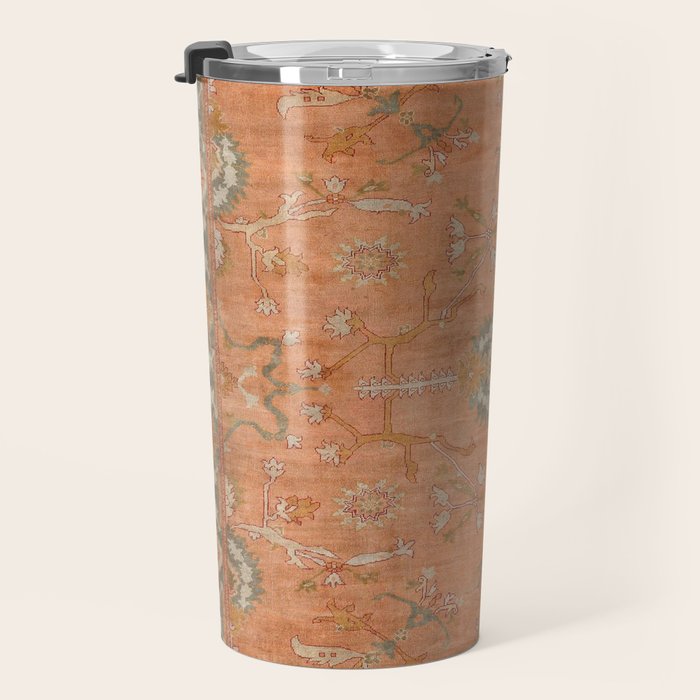 Antique Peach Apricot & Sage Green Turkish Ushak Rug Print Travel Mug Gallery Image 3