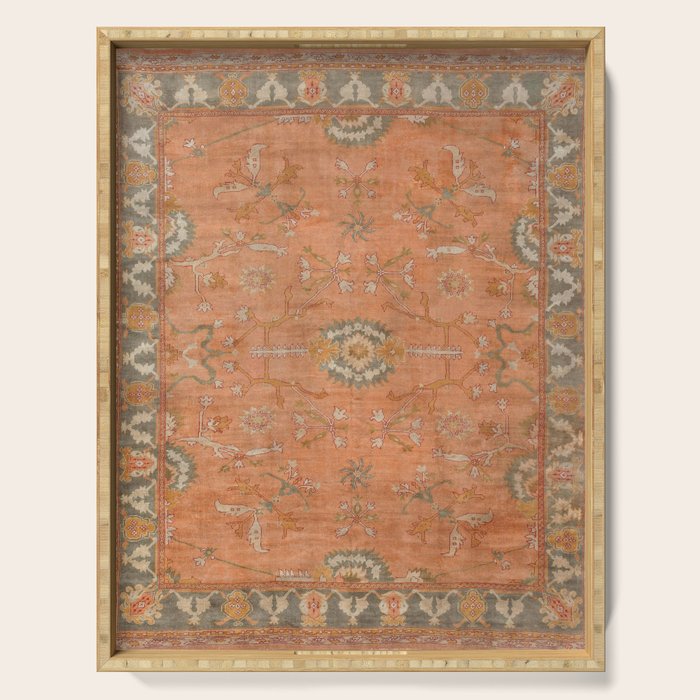 Antique Peach Apricot & Sage Green Turkish Ushak Rug Print Serving Tray Gallery Image 1