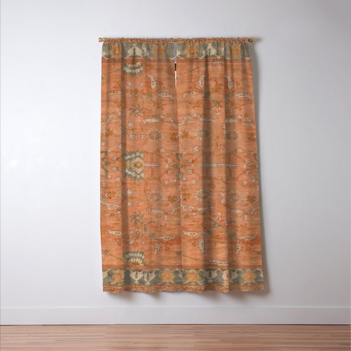 Antique Peach Apricot & Sage Green Turkish Ushak Rug Print Window Curtain Gallery Image 3