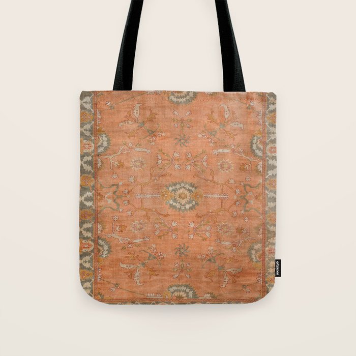 Antique Peach Apricot & Sage Green Turkish Ushak Rug Print Tote Bag Gallery Image 1