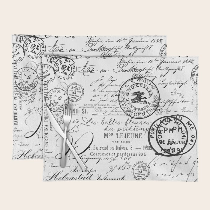 Vintage handwriting black and white Placemat Gallery Image 1