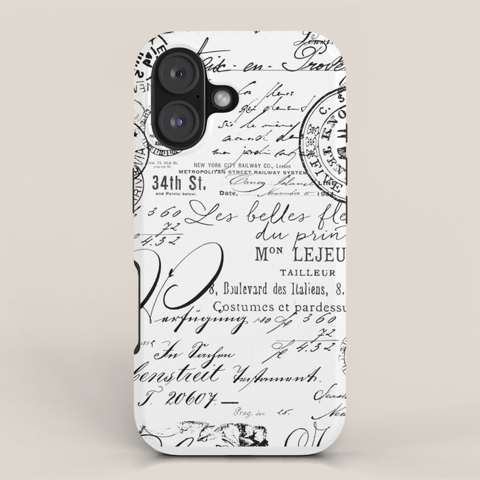 Vintage handwriting black and white iPhone Case Gallery Image 1