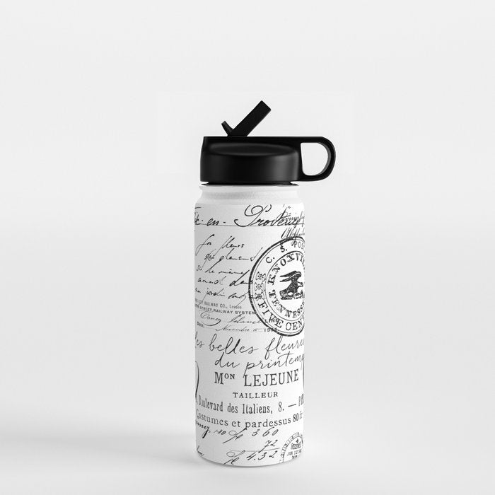 Vintage handwriting black and white Water Bottle Gallery Image 1