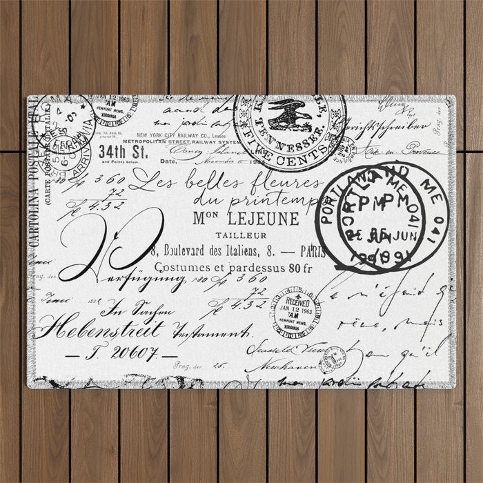 Vintage handwriting black and white Outdoor Rug Gallery Image 1