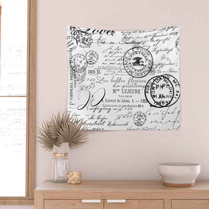 Vintage handwriting black and white Wall Tapestry Gallery Image 2