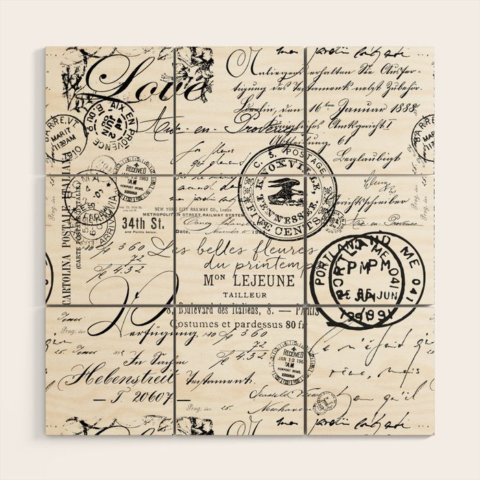 Vintage handwriting black and white Wood Wall Art Gallery Image 1