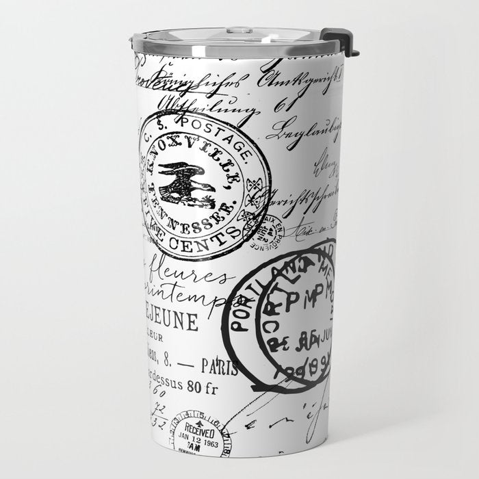Vintage handwriting black and white Travel Mug Gallery Image 2