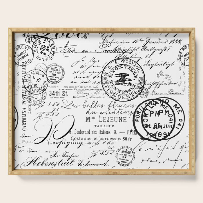 Vintage handwriting black and white Serving Tray Gallery Image 1