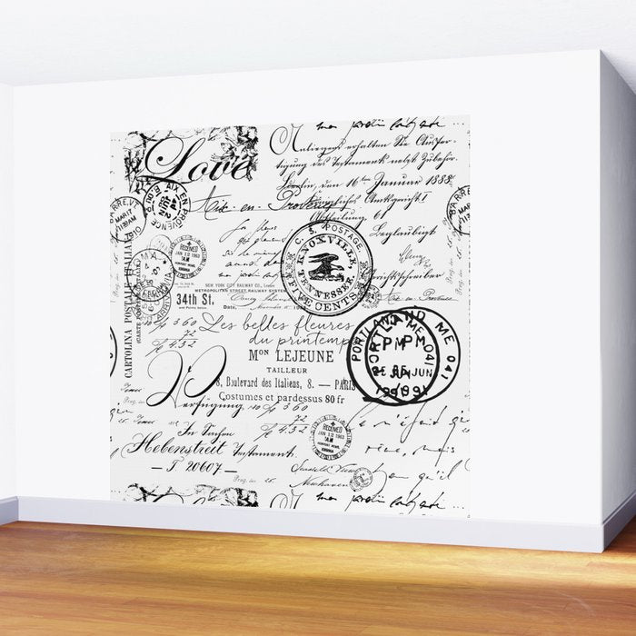 Vintage handwriting black and white Wall Mural Gallery Image 2
