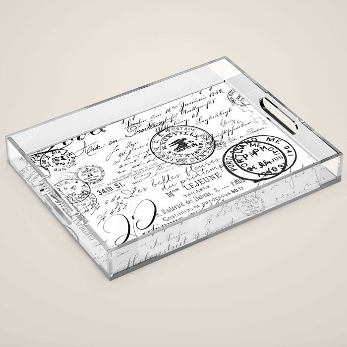 Vintage handwriting black and white Acrylic Tray Gallery Image 1