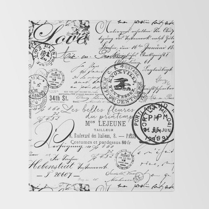 Vintage handwriting black and white Throw Blanket Gallery Image 2