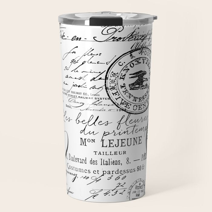Vintage handwriting black and white Travel Mug Gallery Image 1