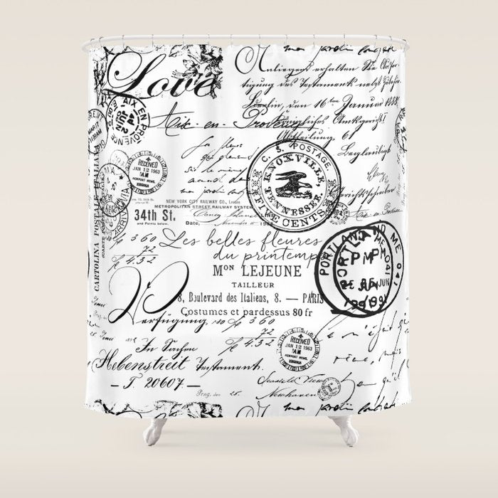 Vintage handwriting black and white Shower Curtain Gallery Image 1