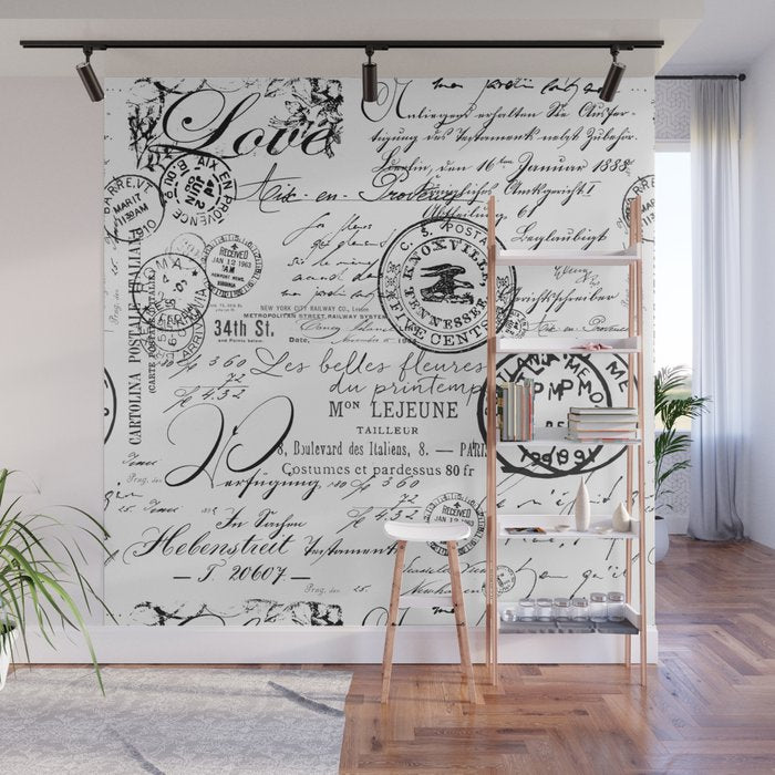 Vintage handwriting black and white Wall Mural Gallery Image 1