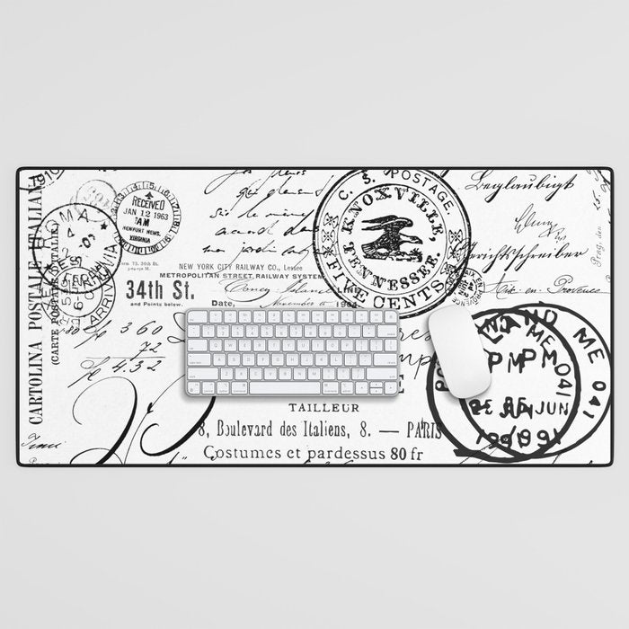 Vintage handwriting black and white Desk Mat Gallery Image 1
