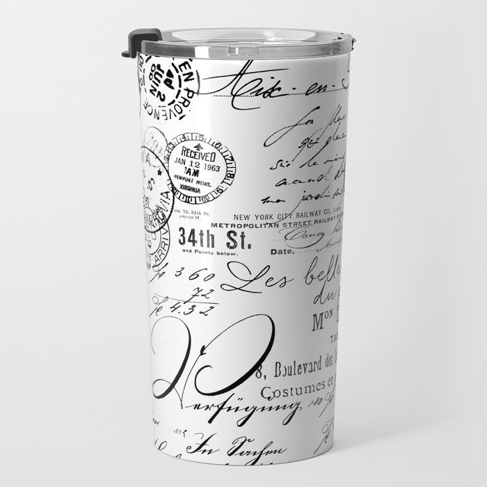 Vintage handwriting black and white Travel Mug Gallery Image 3