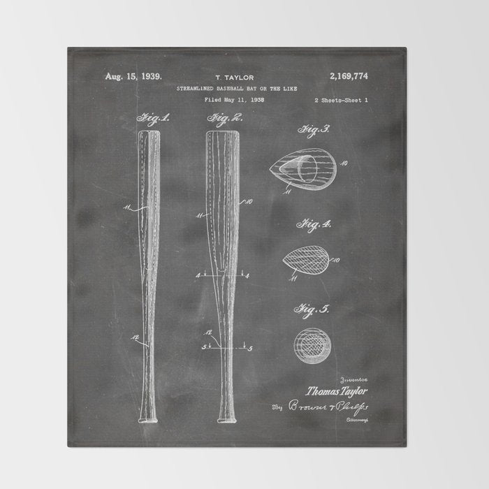 Baseball Bat Patent - Baseball Art - Black Chalkboard Throw Blanket Gallery Image 2