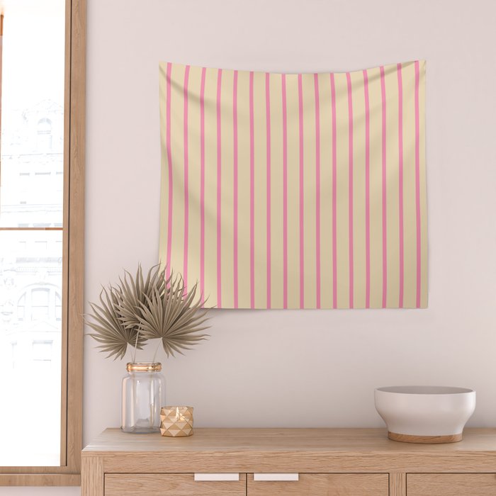 Simple Fresh Country Stripes Narrow Vertical Stripe Pattern in Pink and Cream Wall Tapestry Gallery Image 2