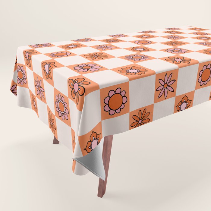 Fall Flower Checkered Print in Peach Tablecloth Gallery Image 1