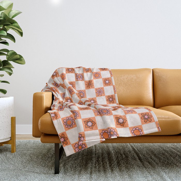 Fall Flower Checkered Print in Peach Throw Blanket Gallery Image 1