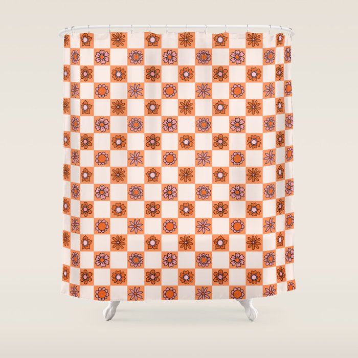 Fall Flower Checkered Print in Peach Shower Curtain Gallery Image 1