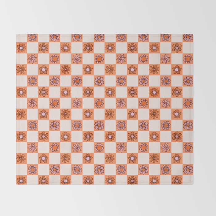 Fall Flower Checkered Print in Peach Throw Blanket Gallery Image 2