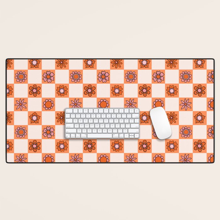 Fall Flower Checkered Print in Peach Desk Mat Gallery Image 1