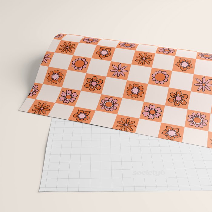 Fall Flower Checkered Print in Peach Wrapping Paper Gallery Image 2
