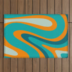 Retro Modern Swirls Abstract Turquoise Teal Orange Outdoor Rug Gallery Image 1