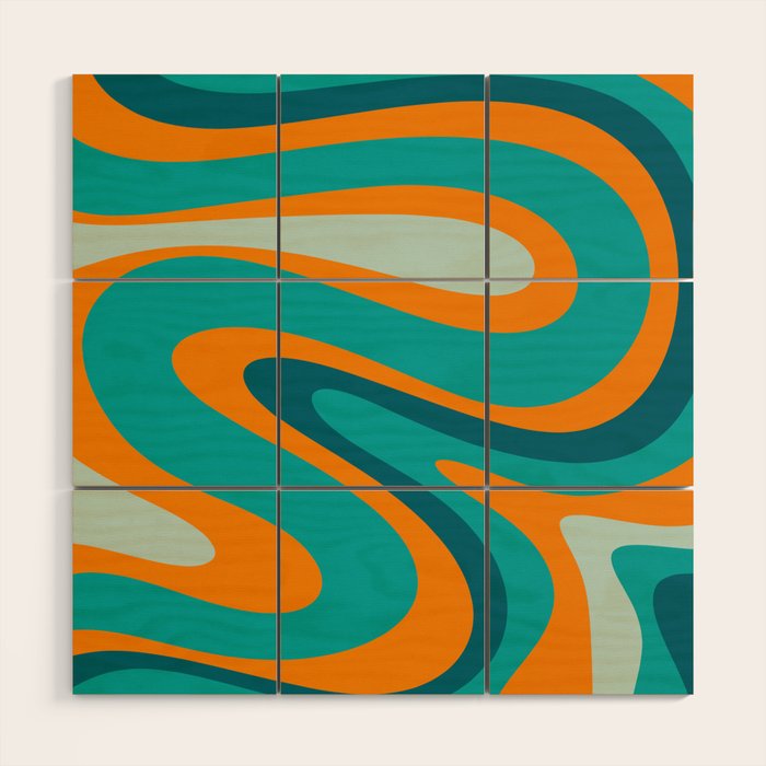 Retro Modern Swirls Abstract Turquoise Teal Orange Wood Wall Art Gallery Image 1