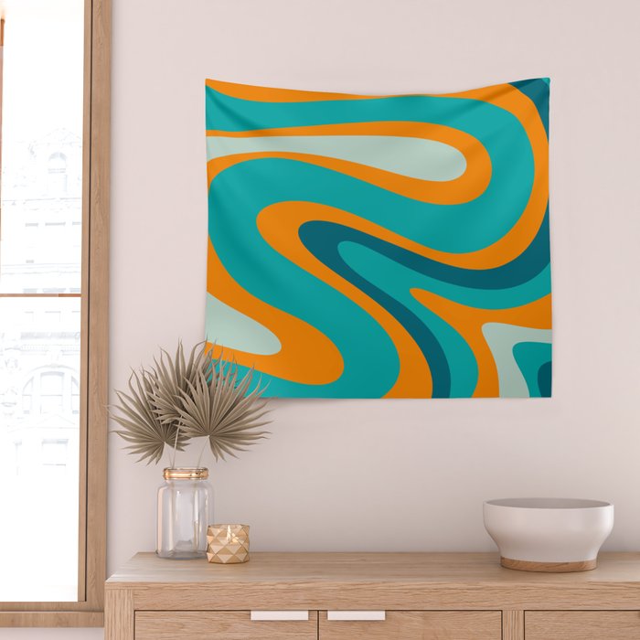 Retro Modern Swirls Abstract Turquoise Teal Orange Wall Tapestry Gallery Image 2
