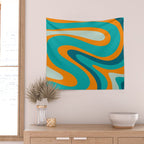 Retro Modern Swirls Abstract Turquoise Teal Orange Wall Tapestry Gallery Image 2