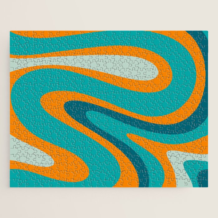 Retro Modern Swirls Abstract Turquoise Teal Orange Jigsaw Puzzle Gallery Image 1