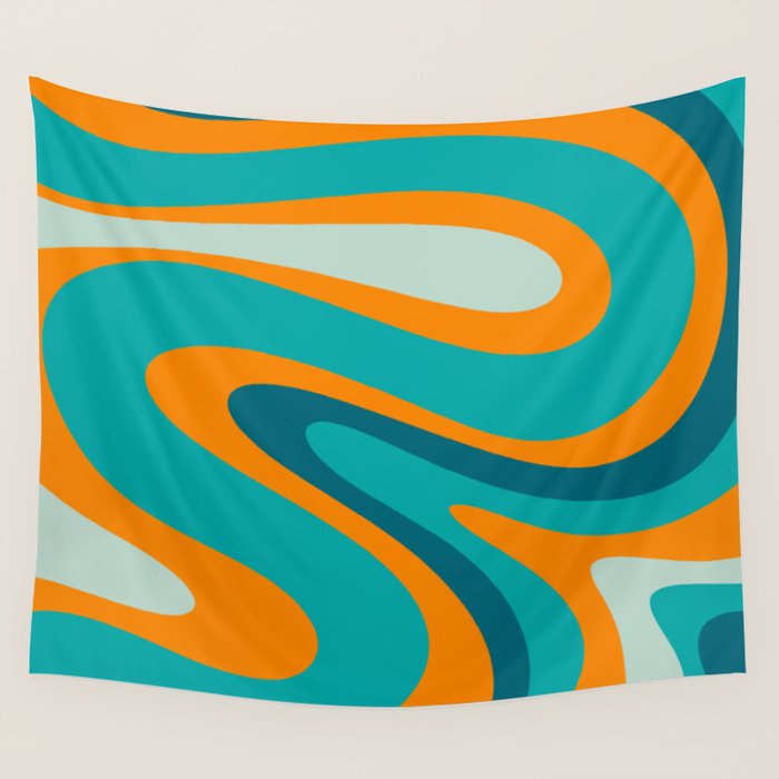 Retro Modern Swirls Abstract Turquoise Teal Orange Wall Tapestry Gallery Image 4