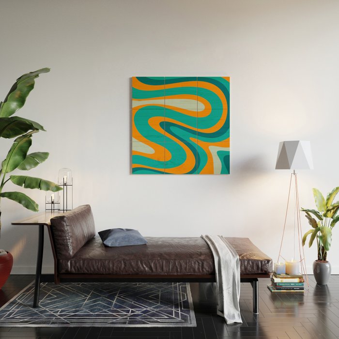 Retro Modern Swirls Abstract Turquoise Teal Orange Wood Wall Art Gallery Image 2